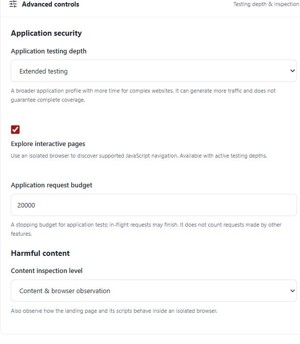 ScanTitan Advanced controls showing Extended testing, the Explore interactive pages option, an application request budget and the content inspection level