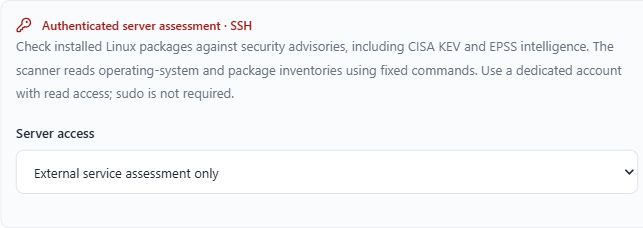 ScanTitan Authenticated server assessment over SSH setup with a Server access selector
