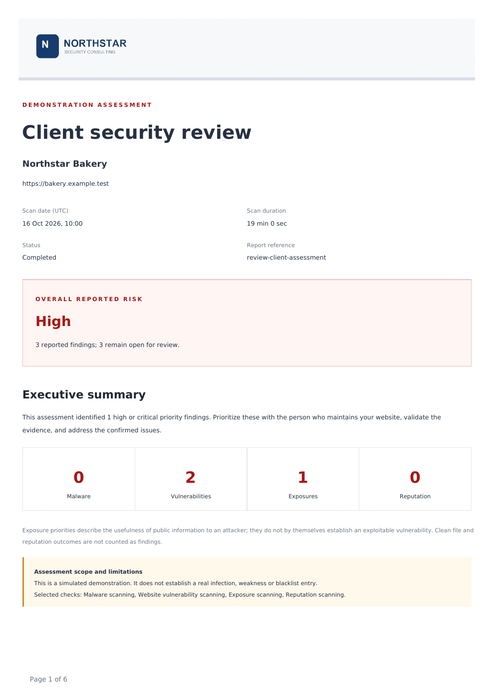 Demonstration Consultant report with custom branding, an executive summary and assessment limitations