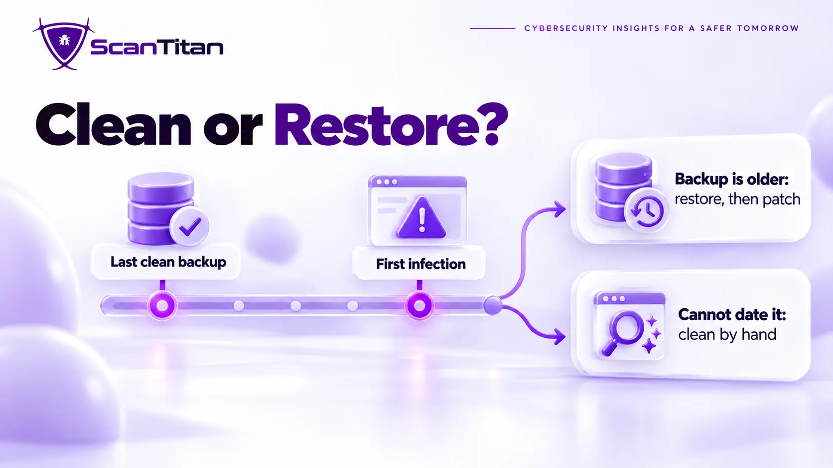 Timeline comparing the last clean backup with the first infection to decide whether to restore or clean a hacked website
