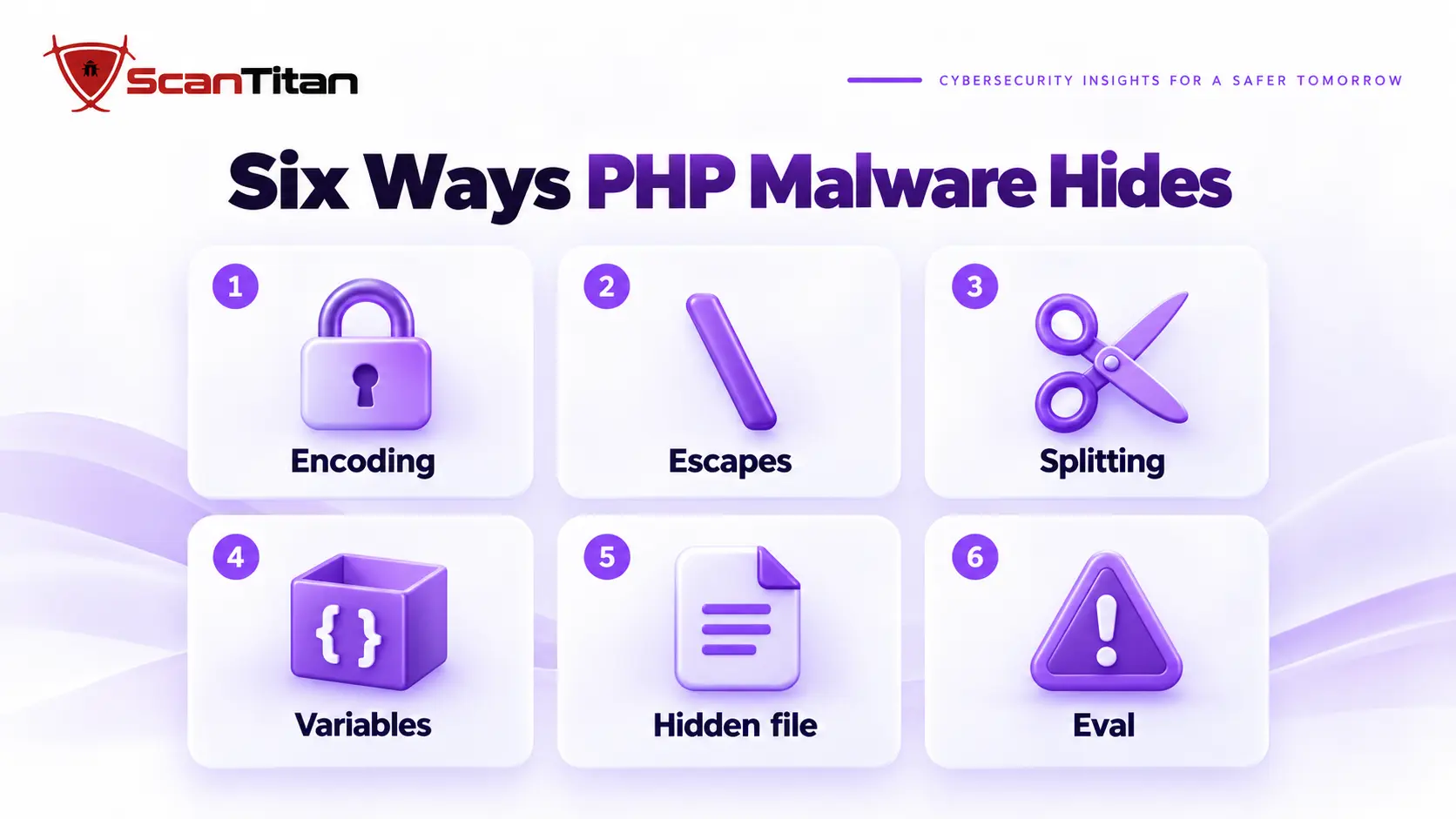 Six common PHP obfuscation techniques shown as cards: encoding, escapes, splitting, variables, hidden file and eval