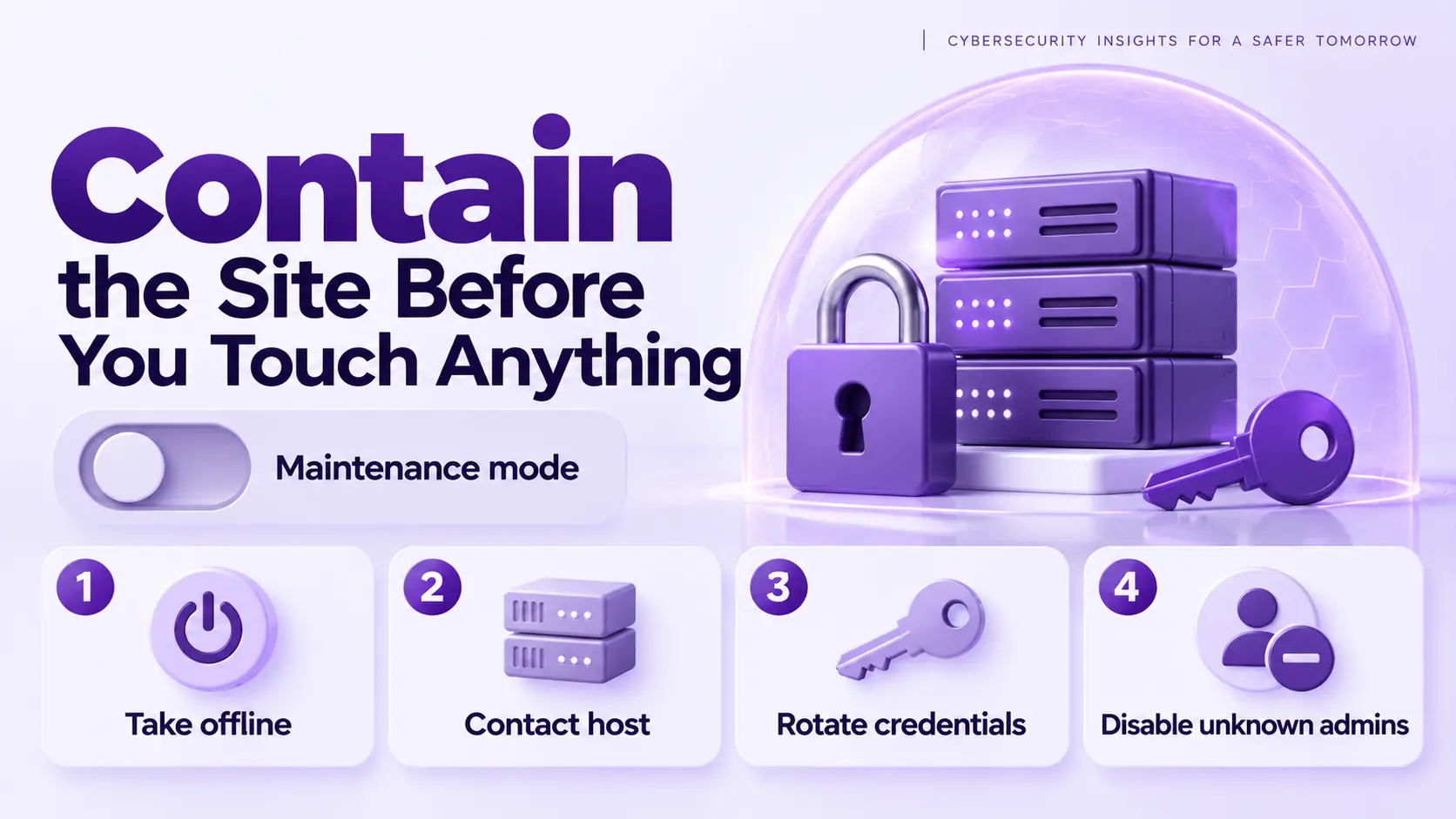 Containment before malware removal: take the site offline, contact the host, rotate credentials, disable unknown admins