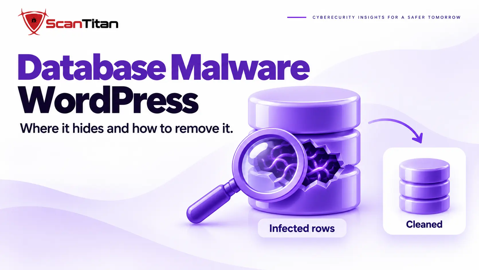 Database cylinder with an infected row revealed by a magnifier, showing where database malware hides in WordPress