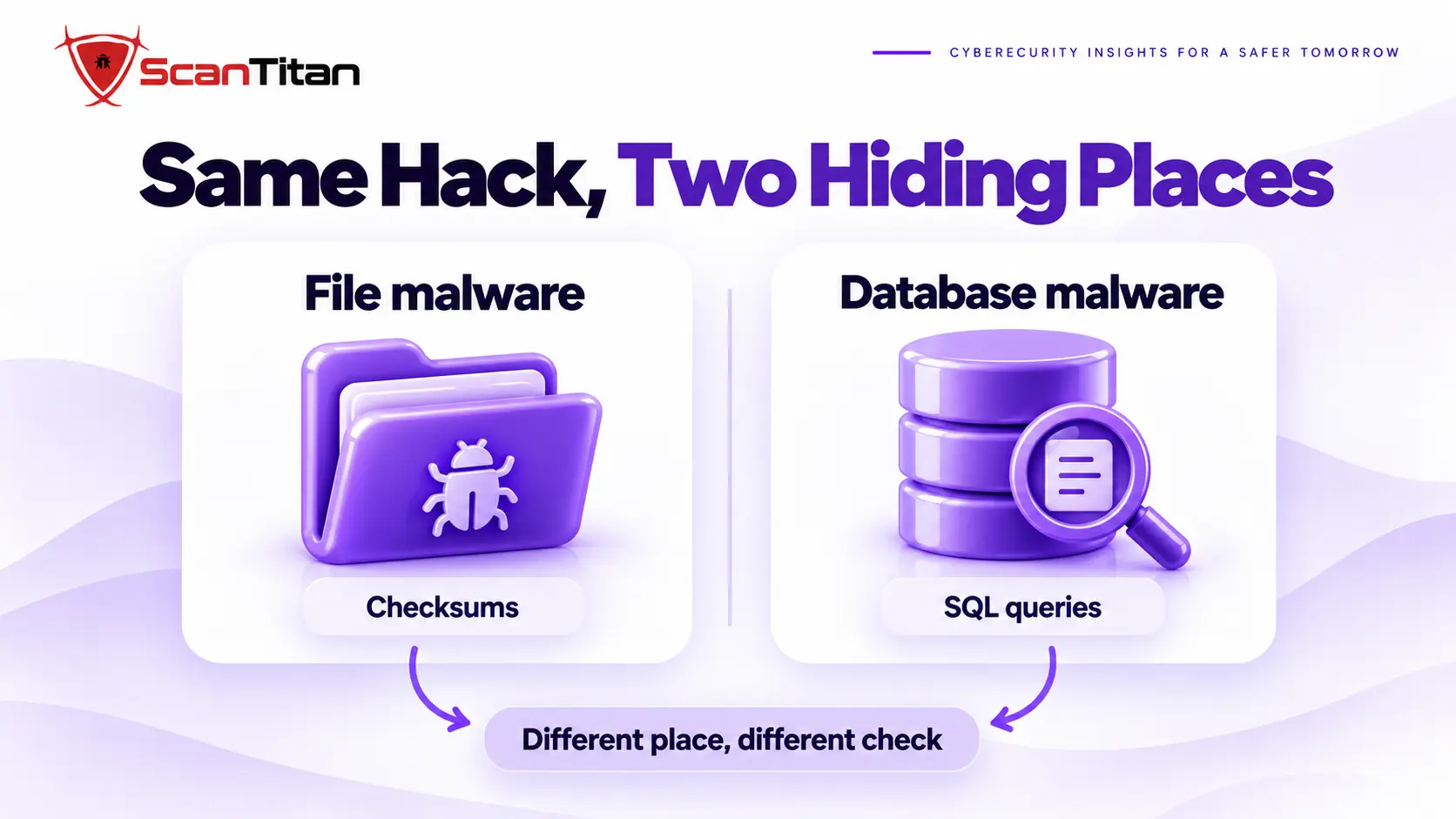 Comparison of file malware stored on disk and database malware stored in WordPress tables, with how each is found