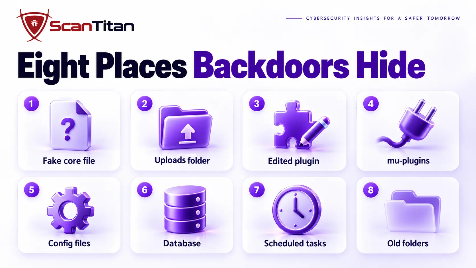 Eight places to find a backdoor in a website: fake core files, uploads folder, edited plugins, mu-plugins, config files, database, scheduled tasks, forgotten folders