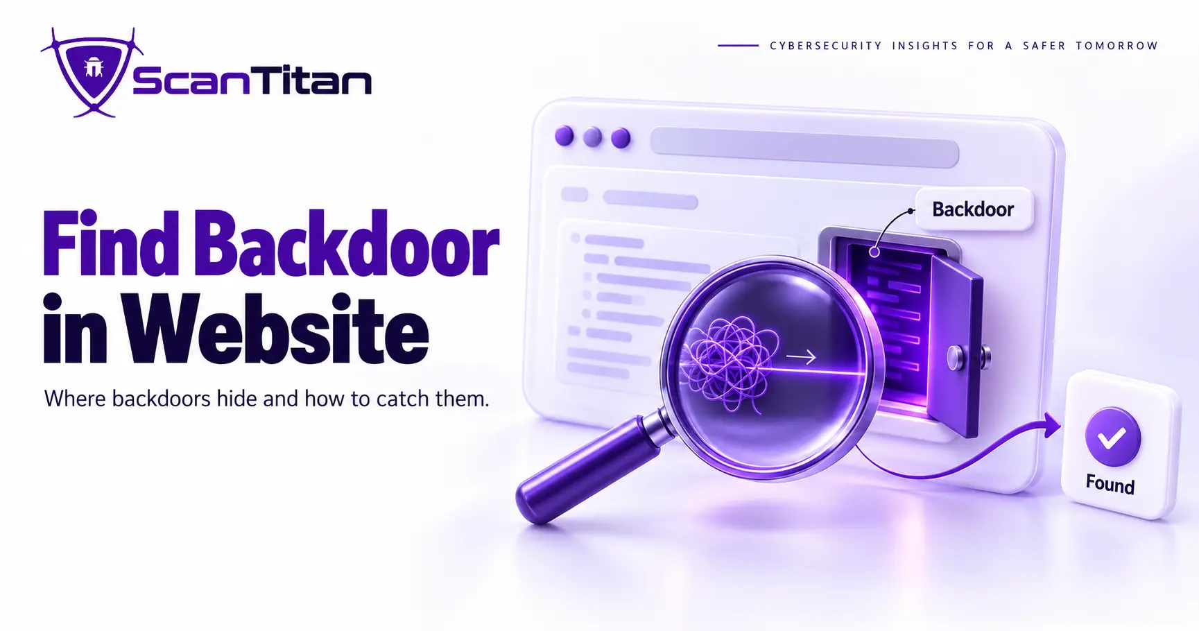 Magnifier over a hidden backdoor in a browser window, showing how to find a backdoor in a website