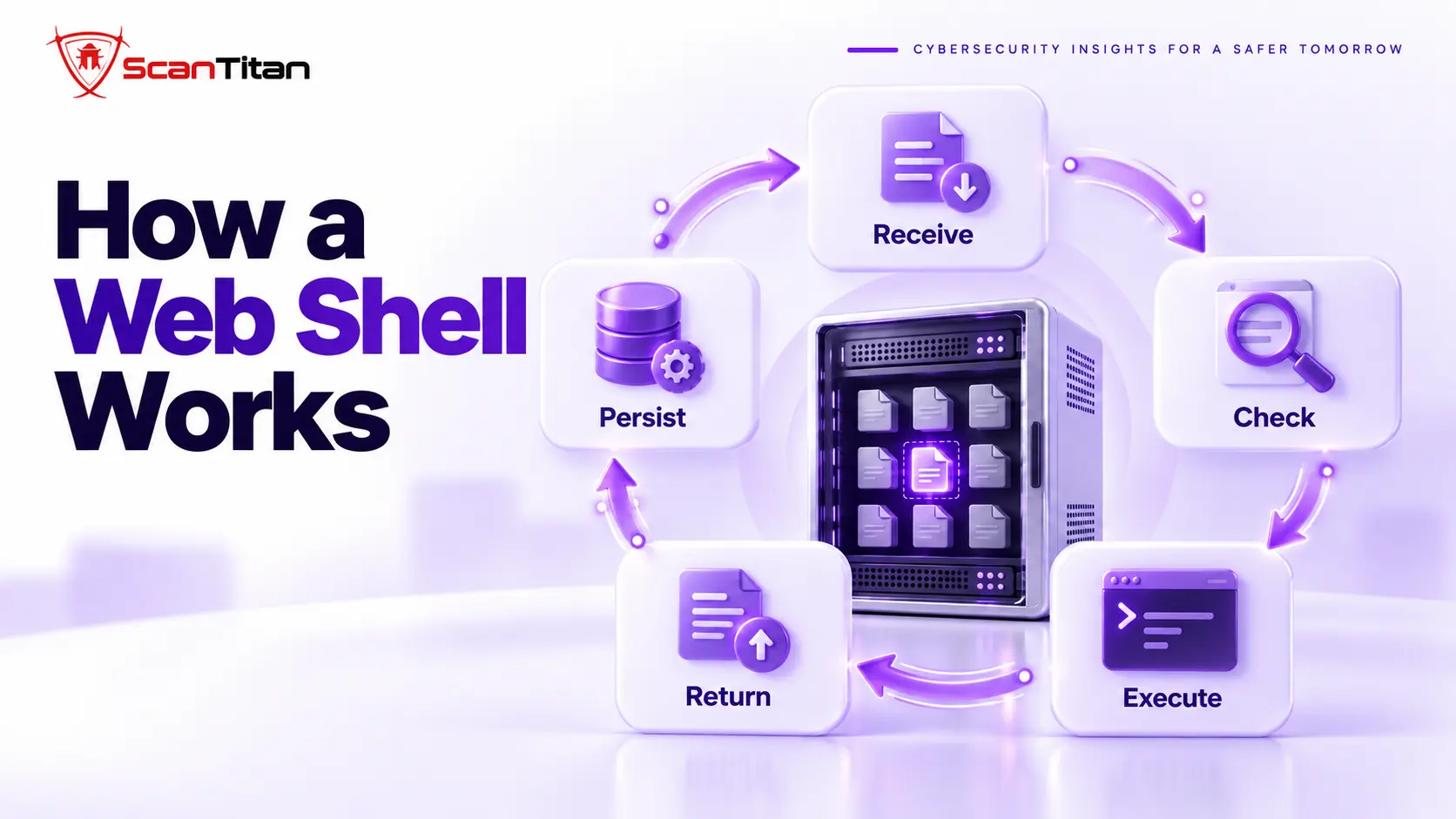 Web shell request loop in five stages: receive, check, execute, return and persist on the compromised server