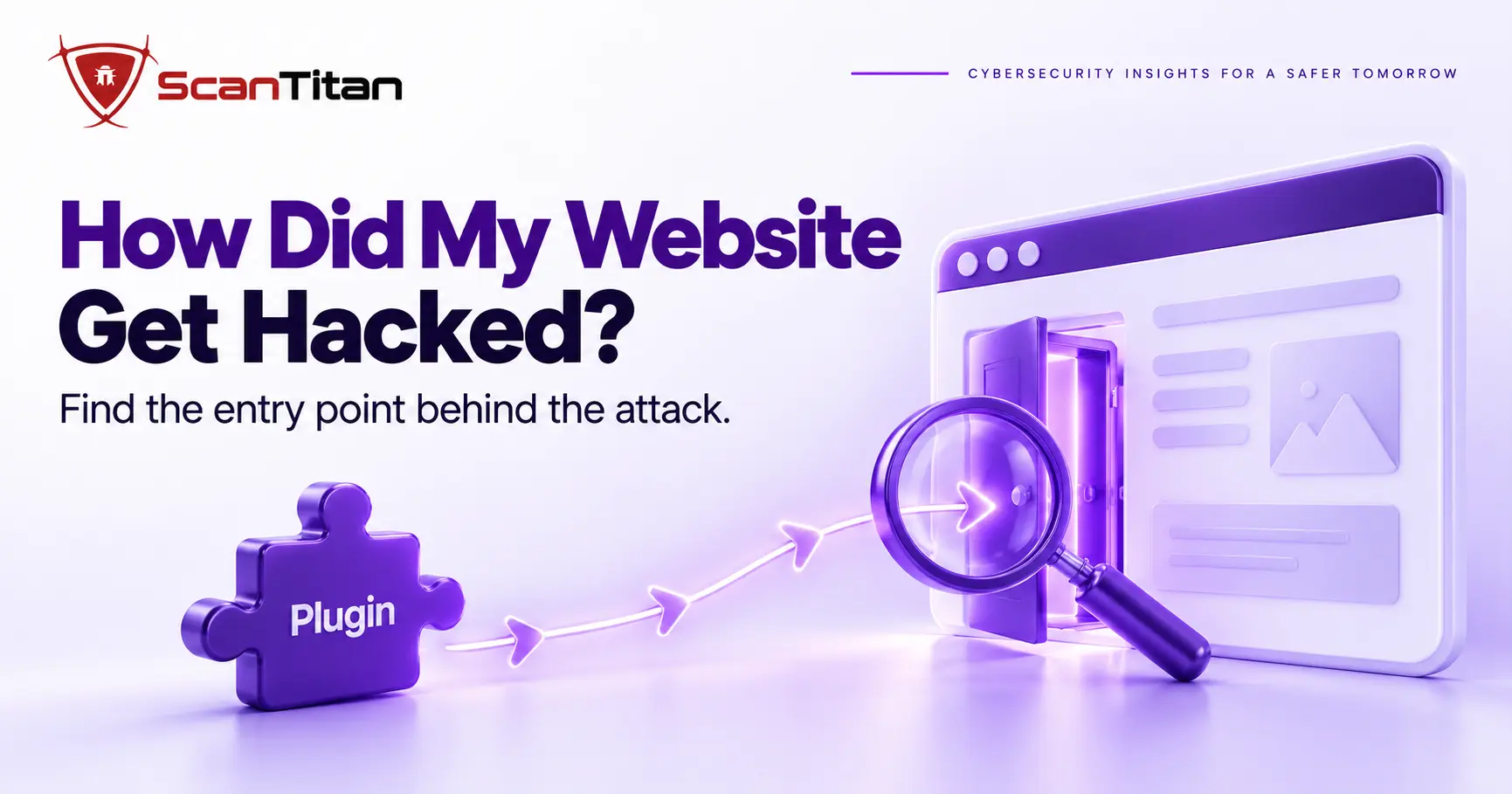 Magnifier over a glowing entry point door in a browser window, showing how to find how a website got hacked