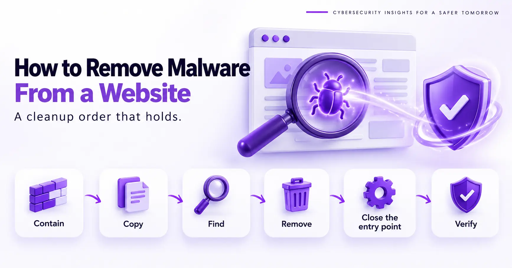 Six-step cleanup order to remove malware from a website: contain, copy, find, remove, close the entry point and verify
