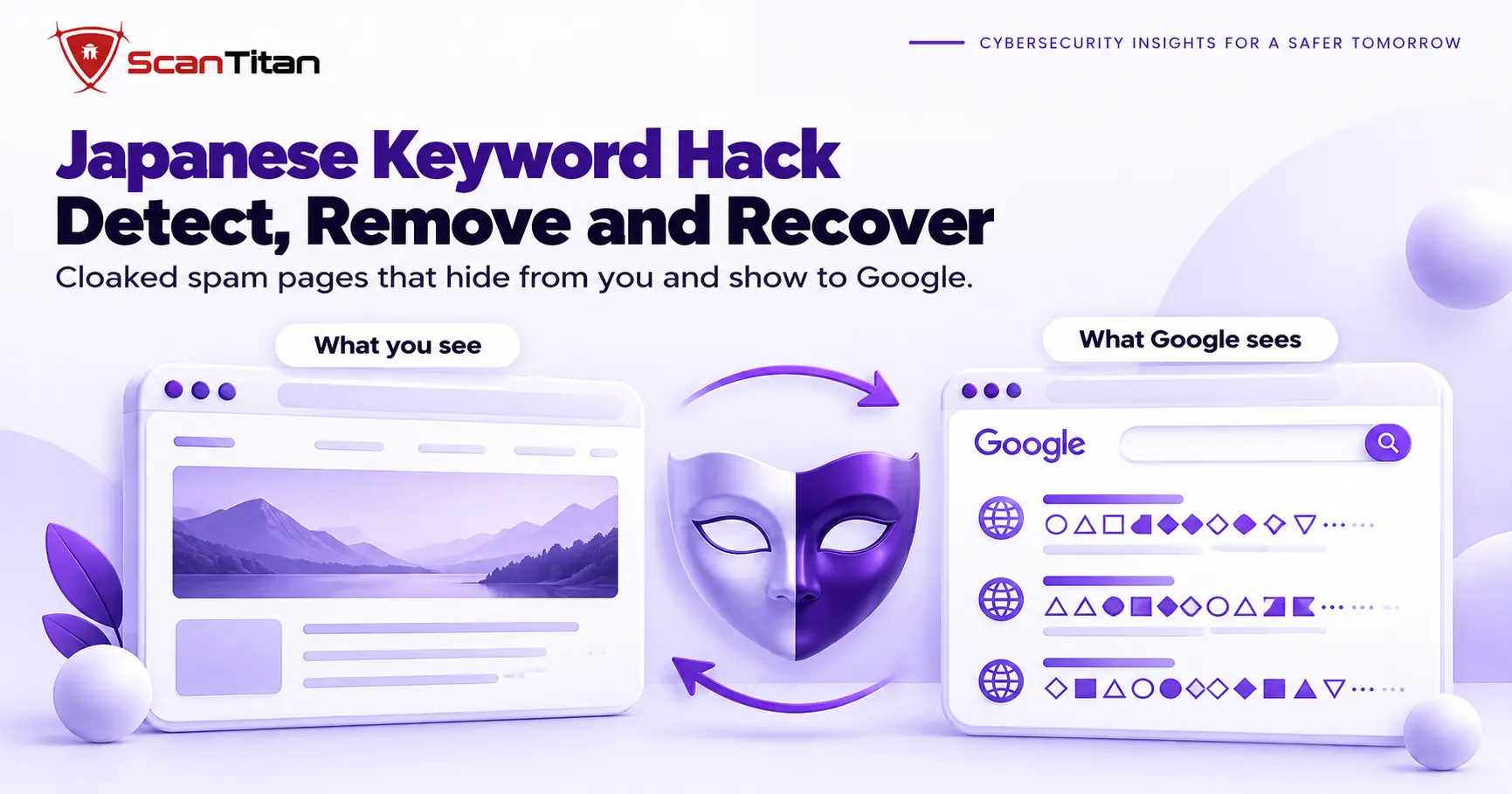 Japanese keyword hack cloaking: a normal page for the site owner and spam search results shown to Google