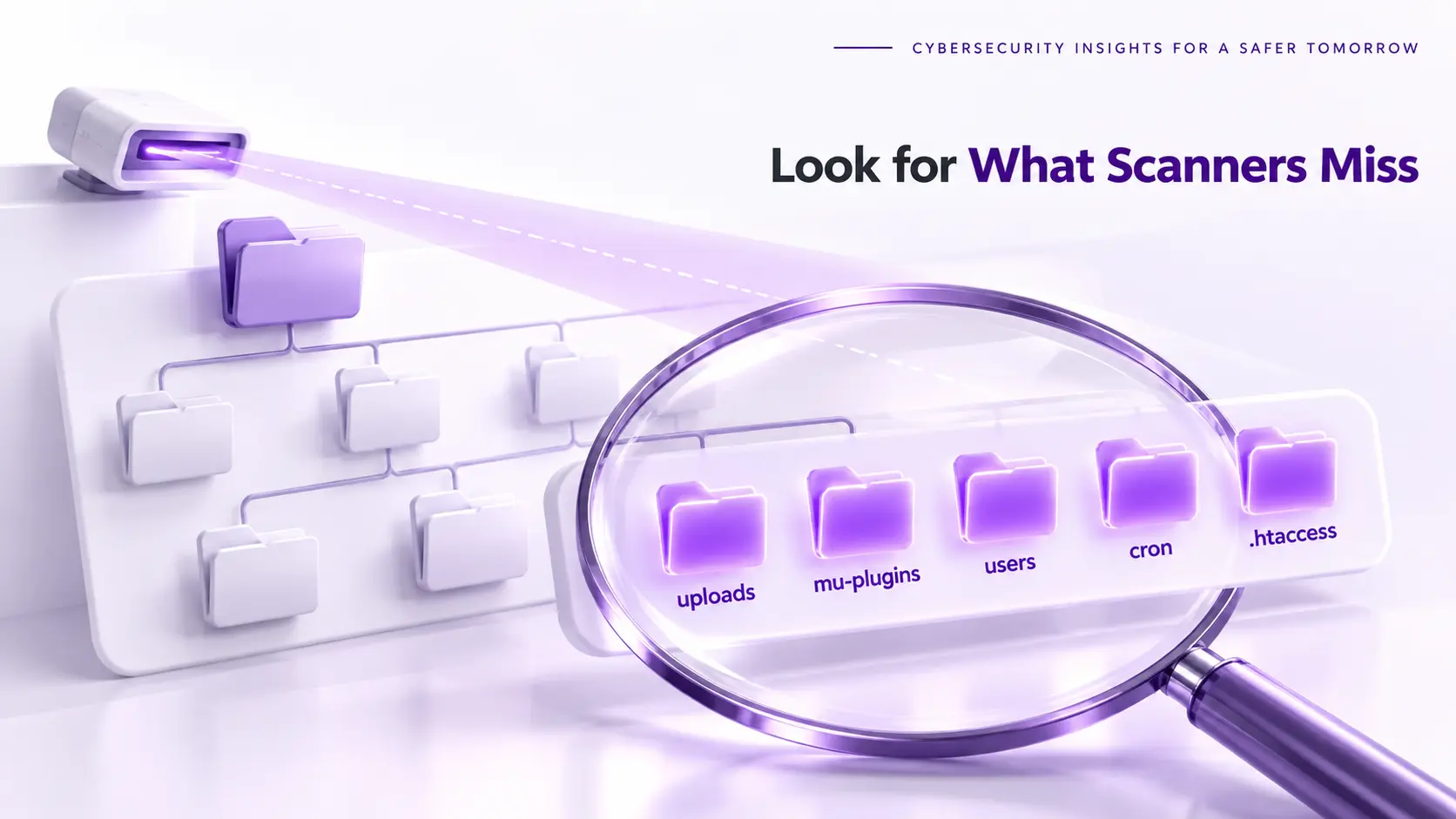 Magnifying glass over uploads, mu-plugins, users, cron and htaccess, the places malware scanners miss on a website