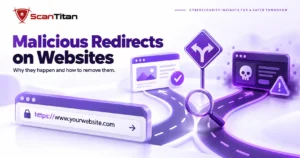 Malicious redirects on websites: a visitor's address bar splitting into a safe page and a scam page
