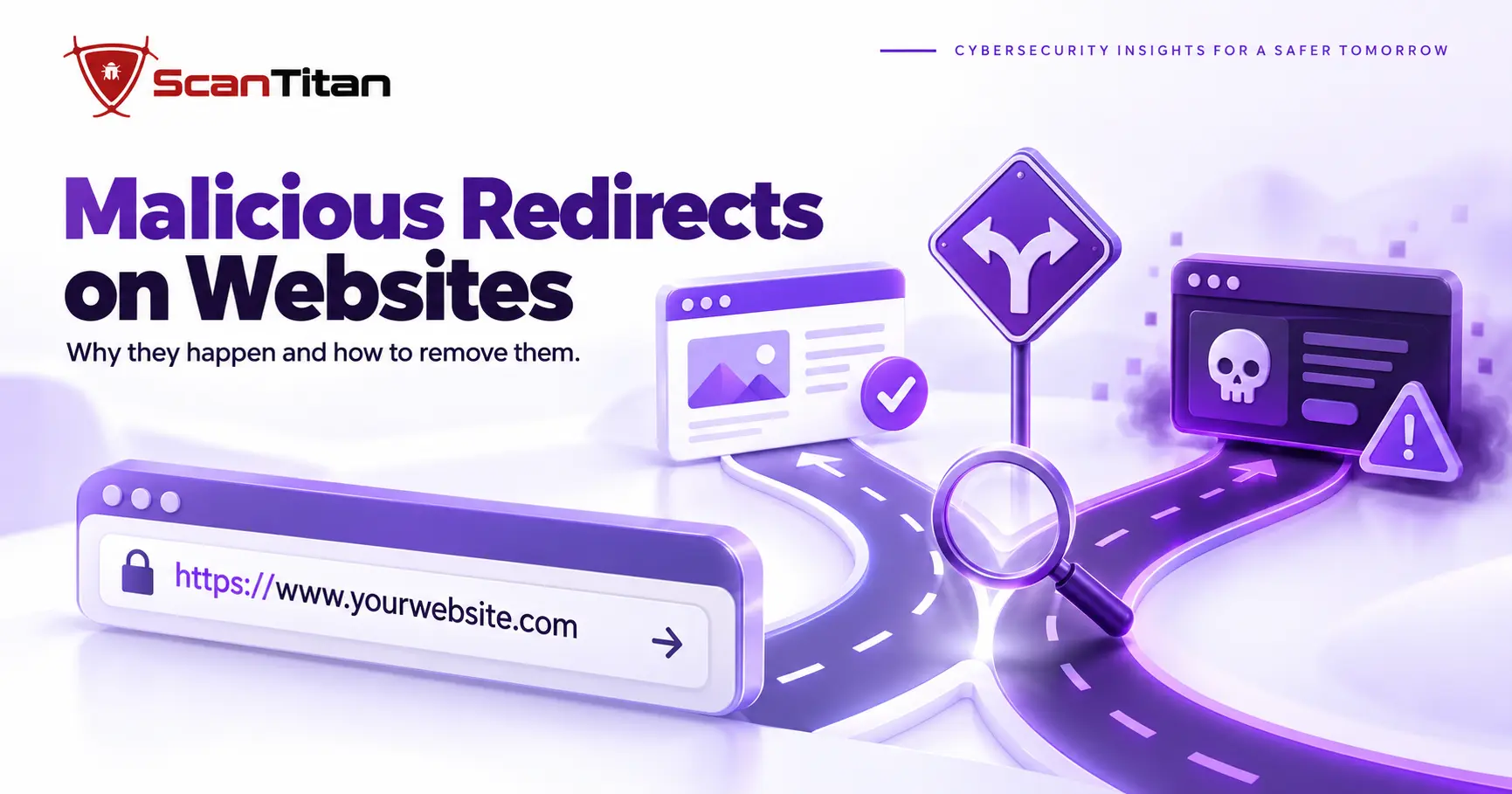Malicious redirects on websites: a visitor's address bar splitting into a safe page and a scam page