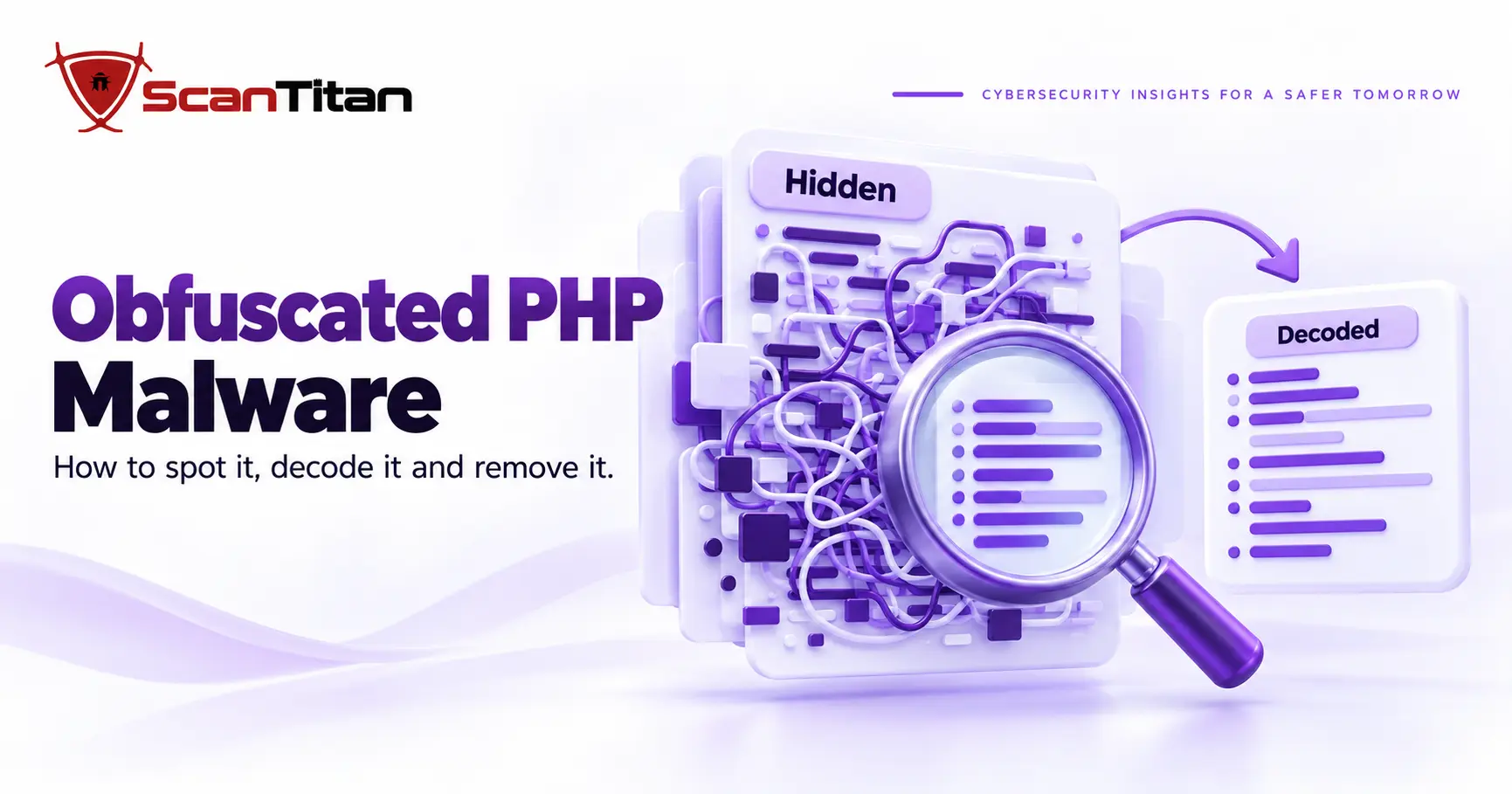 Scrambled PHP code file revealed as readable code through a magnifier, showing how obfuscated PHP malware is decoded