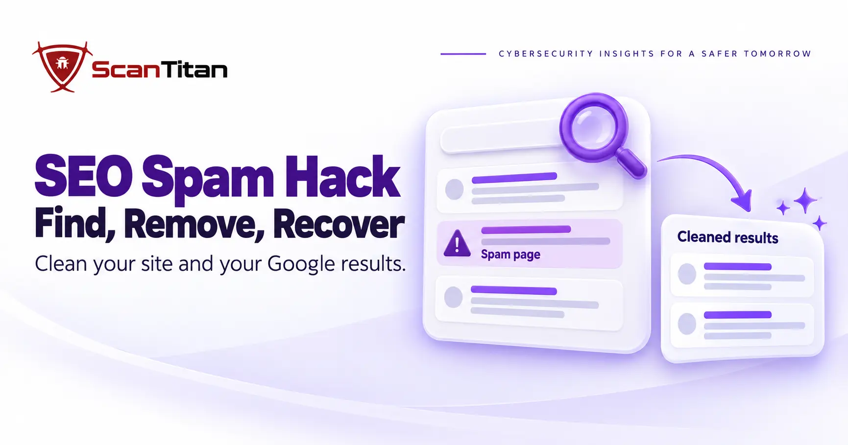Google-style search result card with a spam page flagged and a clean results card, showing how an SEO spam hack is found and recovered from