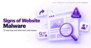 Browser window with a warning badge surrounded by symptom icons, showing signs of website malware