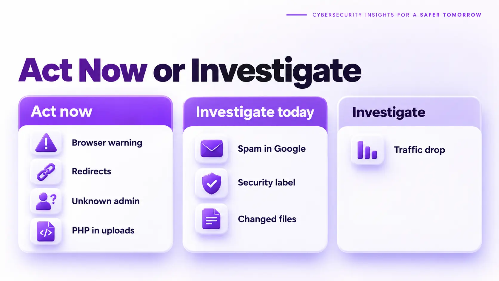 Signs of website malware by severity: act now, investigate today, or investigate