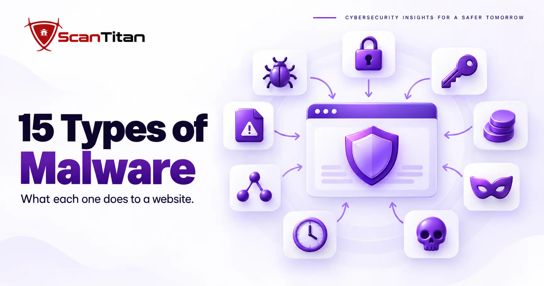 15 types of malware shown as icon cards around a website, from viruses and worms to backdoors and logic bombs