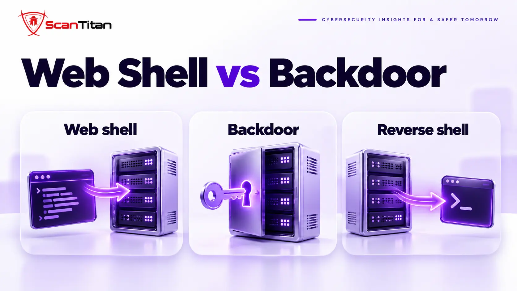 Web shell vs backdoor vs reverse shell: an HTTP command script, hidden return access and an outbound server connection