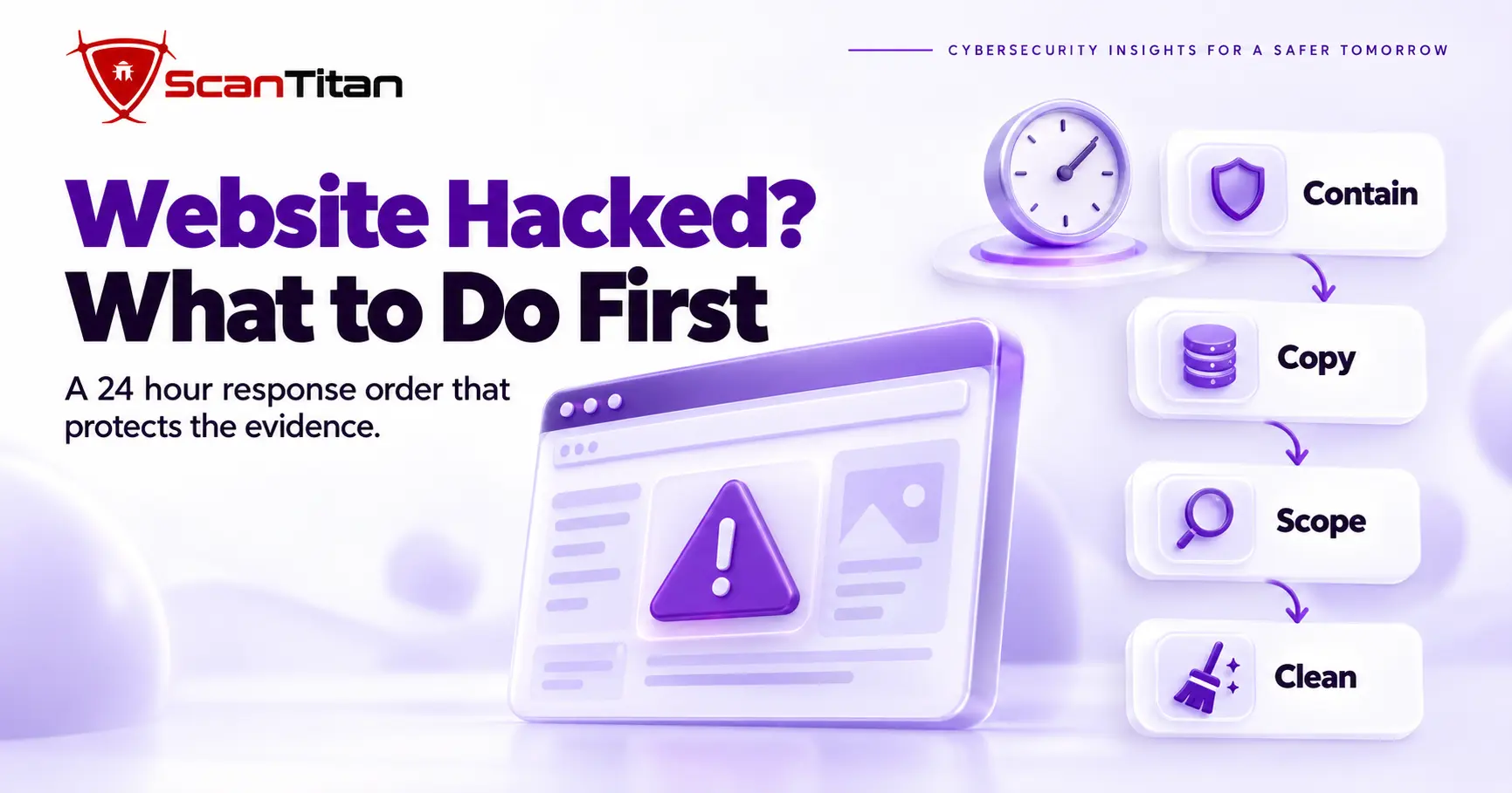 Website hacked what to do first: contain, copy, scope and clean, a four-step response order for the first 24 hours