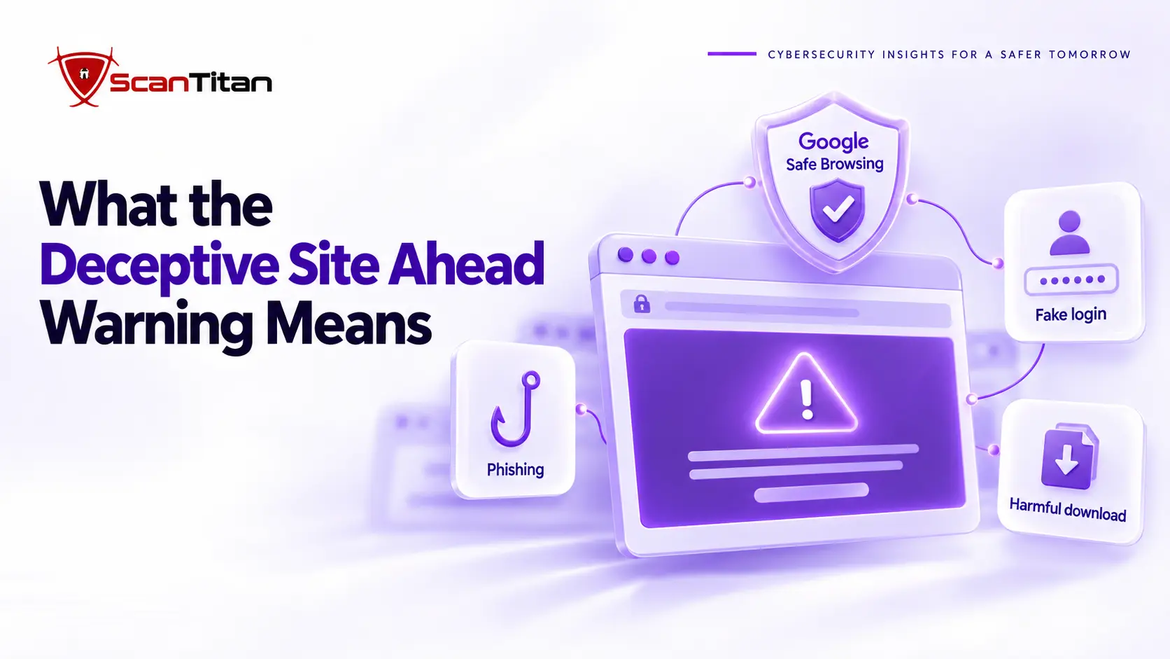 Google Safe Browsing shield linking the Deceptive Site Ahead warning to phishing, fake login and harmful download triggers