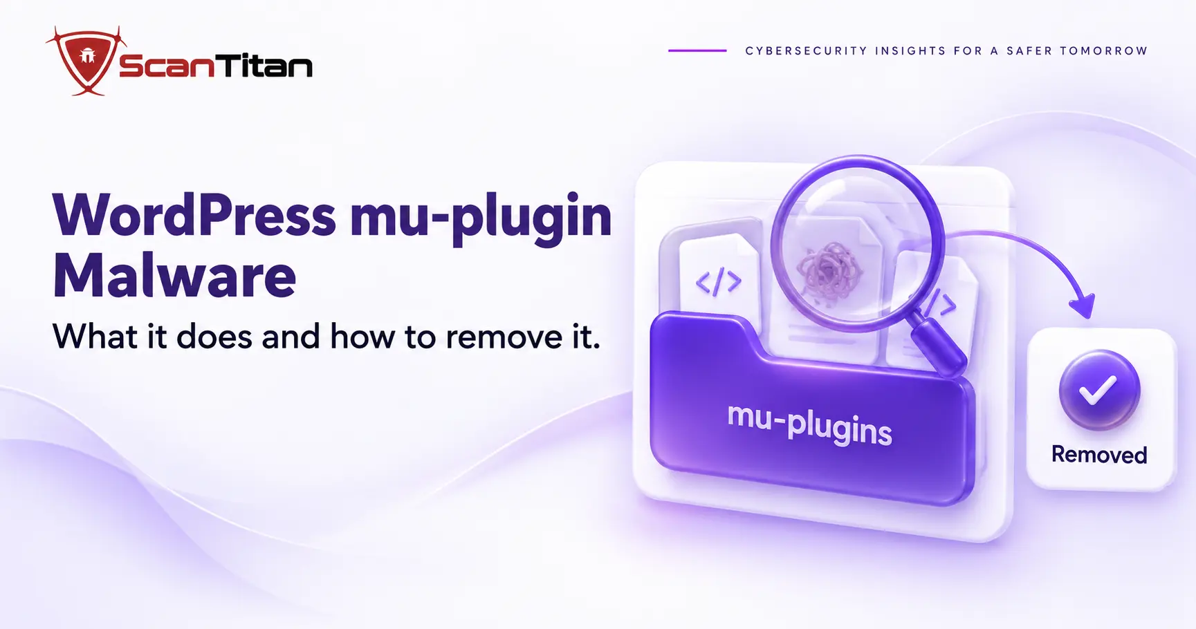 Magnifier over a hidden file in the mu-plugins folder, showing how to find and remove WordPress mu-plugin malware