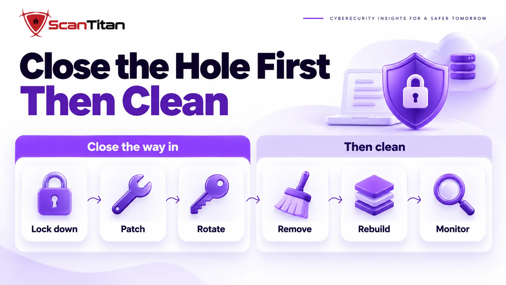 Cleanup order for reinfected WordPress sites: lock down, patch, rotate credentials, remove persistence, rebuild, monitor